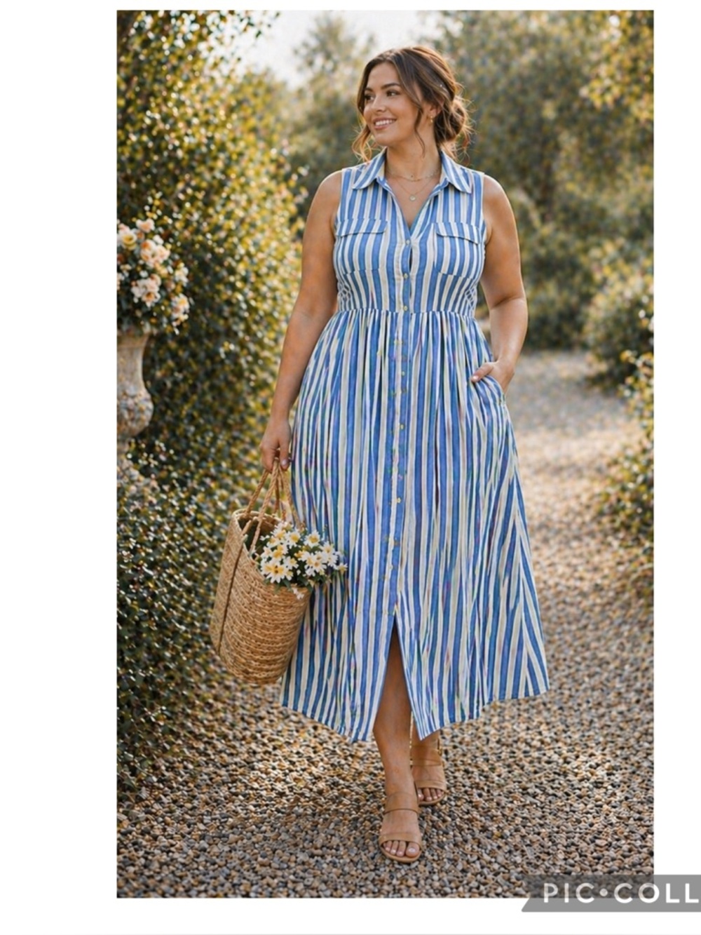 AVA & VIV RAYON BLUE STRIPE BUTTON DOWN SLEEVELESS POCKETS MIDI DRESS